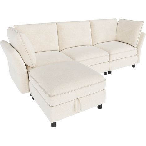 Sofá modular en L con puf de almacenamiento, chenilla beige, 4 plazas (1/5)