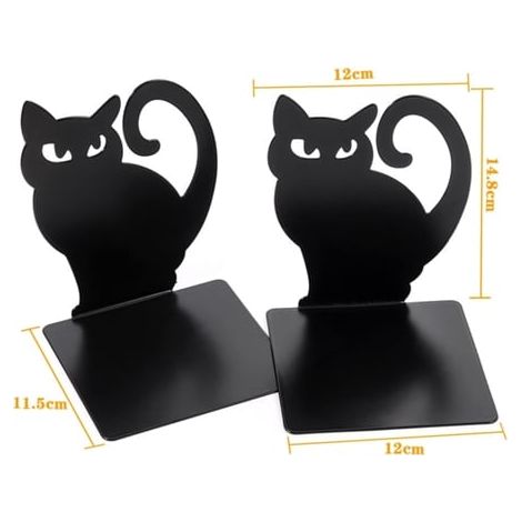 1 paire de serre-livres décoratifs en métal robuste, étagère Beijiyi (noir, motif chat noir) - AquaForge