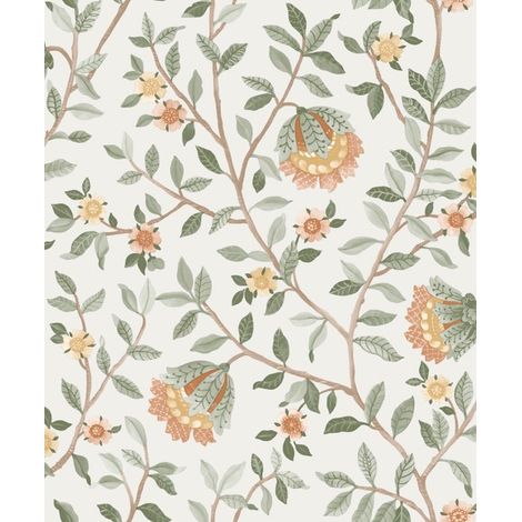 Papier peint fleuri botanique fond blanc cassé