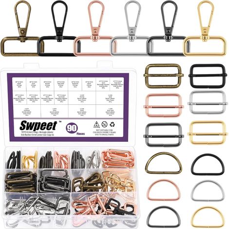 Set of 90 metal D-rings in 6 colors, rectangular adjusters, sliding buckles and swivel D-ring clasp, Assortment Kit (1/5)