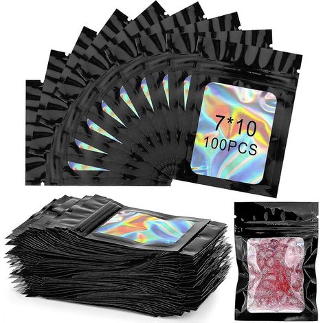 100 Stück Mylar-Beutel pro Packung, wiederverschließbare Beutel mit Reißverschluss. Mehrzweckbeutel für Süßigkeiten, Kekse, Schmuck (Schwarz, 7 x 10 cm). (1/5)