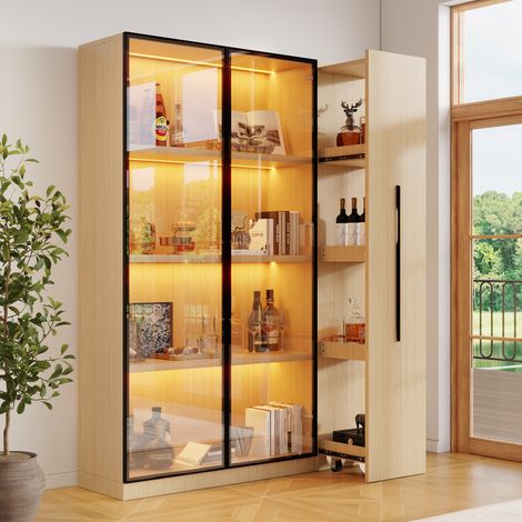 Vitrine LED 110,5x35x160cm,porte vitrée avec rangement latéral coulissant sur roulettes,Bibliothèque,MDF effet chêne (1/5)