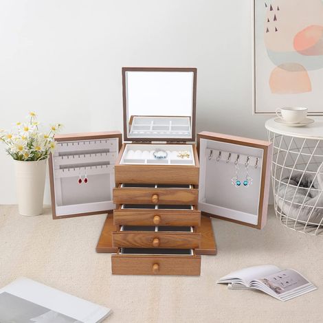 Boîte à bijoux en bois pour femme avec tiroirs, 5 couches, grande boîte à bijoux pour colliers, boucles d'oreilles, lunettes de soleil, montres, bracelets (1/5)