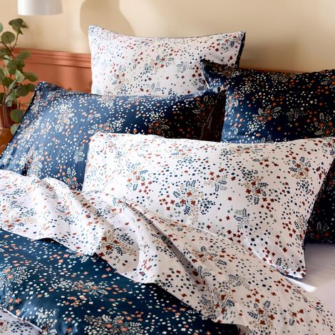 Taie d’oreiller satin de coton 110 fils motif floral Bleu Marine 50x70 cm