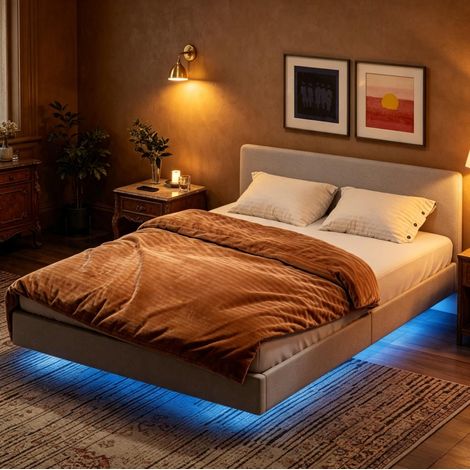 Schwimmbettrahmen 140x190 cm mit LED-Beleuchtung – Modernes Leinen-Doppelbett mit RGB-Lichter, Holzlattenrost & stabiler Tragkraft (1/5)