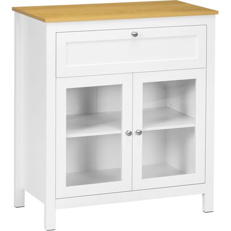 HOMCOM aparador de cocina moderno mueble buffet auxiliar con cajón estante ajustable y 2 puertas de vidrio para salón comedor 80x40x90 cm blanco (1/5)