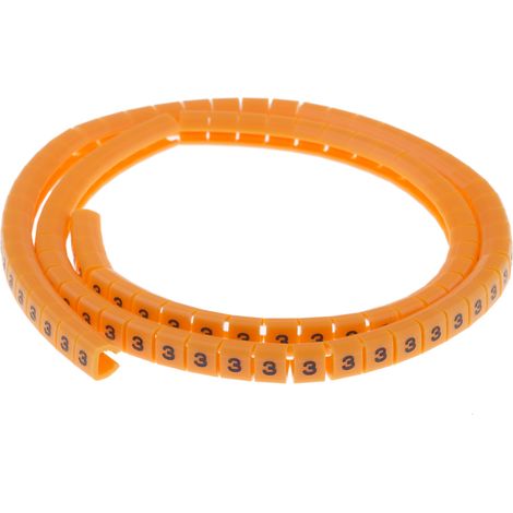 Repère câble à pression , Ø câble 3 3.4mm, texte : 3, Noir sur Orange ( Prix pour Bobine de 100 )