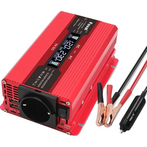 Inversor de corriente, convertidor estable de 12 V a 220 V con pantalla LCD, protección de seguridad completa para coche, camping y alimentación de respaldo, 12 V a 220 V 2600 W, enchufe europeo, 12 V (1/2)