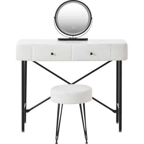 Coiffeuse avec éclairage et tabouret, table de maquillage avec miroir LED, 2 tiroirs, plateau aspect marbre, table de maquillage moderne avec décor en polaire, noir et blanc, 100x40x120cm (1/5)