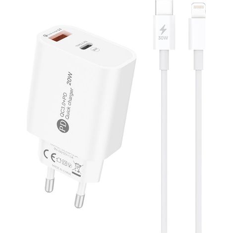 Caricabatterie da parete A6MaxL da 20 W con connettore USB-A e USB-C e cavo USB-C/Lightning da 1 m - Bianco (1/3)