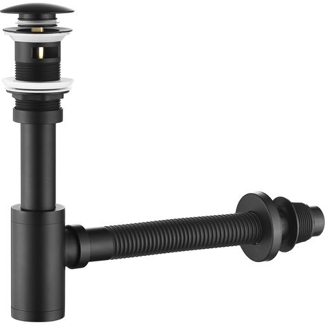 Komplettes Siphon-Set für Waschbecken (einschließlich verstellbarem Gewinderohr, 1 1/4"-Flaschensiphon und Klick-Klack-Ablauf aus massivem Messing), mit Überlauf, Spiraldesign, mattschwarz.