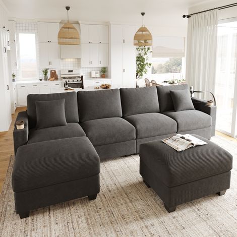 Modulares U-Ecksofa aus grauem Cord, 275,5 x 139 x 87 cm, mit USB – MEUBLIV (1/5)