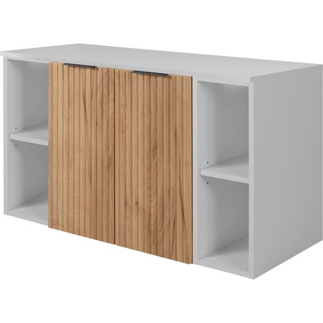 Furnidea - Meuble sous vasque suspendu FLOW CHÊNE 100 cm avec 2 x l'étagères - extensions et plan BLANC - 2 portes - façades rainurées (1/5)