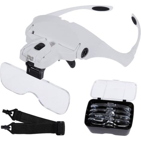 Lunette de Loupe 2 Lumières LED 5 Lentilles Lunettes Grossissantes Ajustable,Interchangeable,1.0X,1.5X,2.0X,2.5X,3.5X (1/4)