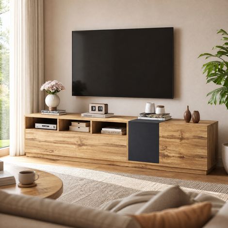 TV-Ständer (200x45x45 cm), mit offenen Fächern und Kabelöffnungen, Klapptür, Spanplatte, Schwarzgrau und Holzfarbe (1/5)