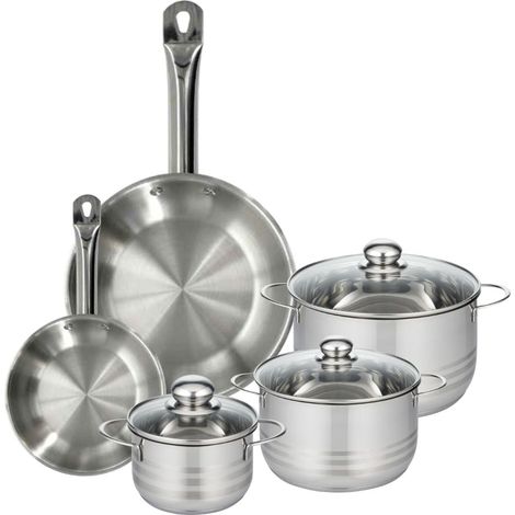 Set 2 poêles 20 28 cm en inox, 3 faitouts inox 16, 20 et 24 cm Fackelmann Eterna
