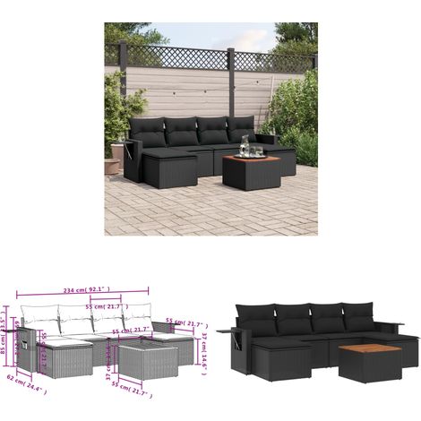 7-tlg. Garten-Sofagarnitur mit Kissen Schwarz Poly Rattan - Gartenmöbel Set - PE-Rattan Möbel - Outdoor Lounge - Esszimmergarnitur - Balkonmöbel - Home & Living (1/3)