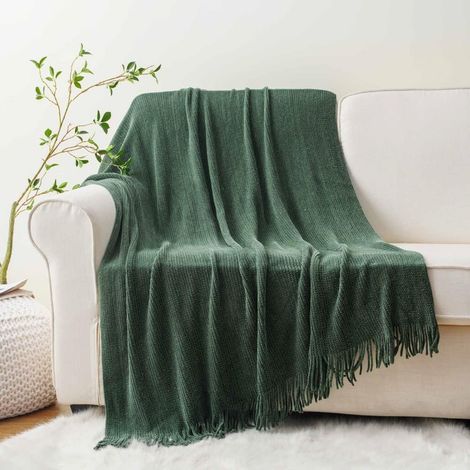 Dunkelgrüne Sofadecke, weiche Chenille-Strickdecke mit Bommeln für die Heimdekoration, grüne Weihnachtsdecke für Bett und Sofa, 50 Zoll x (1/5)