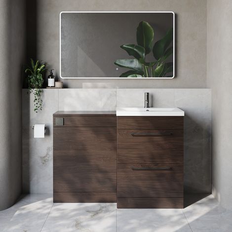 Napoli 390 Cento Brown Oak 1200mm 2 Drawer Vanity Unit Toilet Suite with Glide Basin - 1200mm - Gunmetal Grey 320mm HandleWithout Kingston Toilet Pan