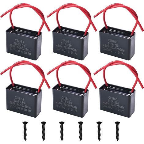 Lot de 6 Condensateurs CBB61 450V 5 µF AC 50/60 Hz Climatiseur Ventilateur Moteur Condensateur de Marche Démarrage pour Ventilateur de Plafond, Hotte