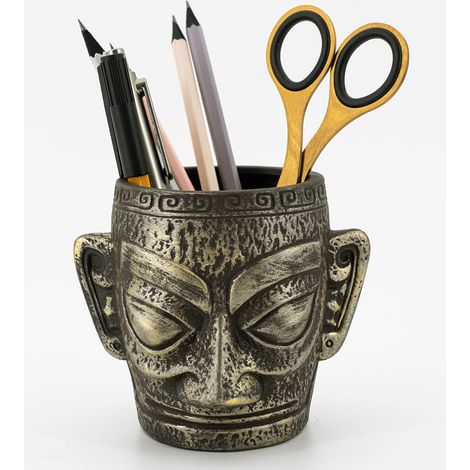STRIVE Sanxingdui Porte-stylo de bureau en bronze pour homme, en céramique, porte-stylo unique, idéal pour la décoration de bureau à la maison. (1/5)