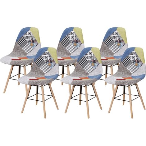 Hobag – Lot de 6 chaises scandinaves patchwork multicolore – Pieds en bois – Largeur d'assise 46cm – Hauteur d'assise 45cm (1/3)