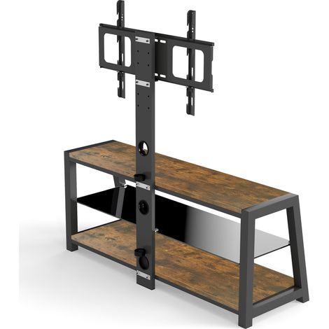 Meuble TV en bois avec verre trempé noir, support TV réglable en hauteur, pivot multidirectionnel, couleur marron - H125 x L116 x P42 cm (1/5)