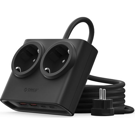 25W 6-en-1 Multiprise Rallonge, 2 Prises avec 4 USB (2 USB-C) Fiche Ultra-Mince, Câble 1.6m, 2500W Max pour Maison/Bureau, Noir (1/5)