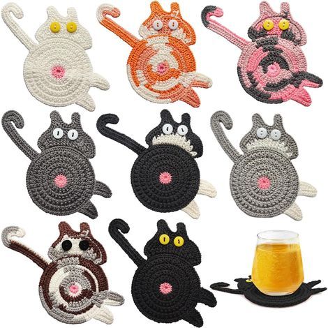 Set mit 8 gestrickten, katzenförmigen Untersetzern/Becherhaltern in verschiedenen Farben (1/5)
