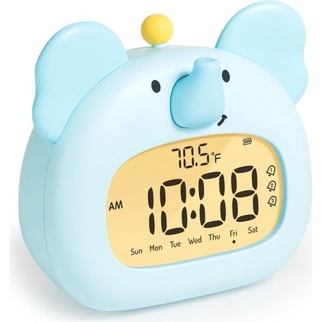 Réveil enfant en forme d'éléphant avec veilleuse - Bleu - Avec affichage LED - Luminosité réglable - Amusant entraîneur de sommeil numérique (1/5)