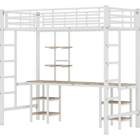 Metall- und MDF-Hochbett mit Schreibtisch und Regalen, weiß 90 x 200 cm MODENUIT (1/5)