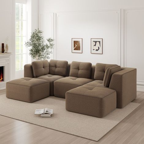 Canapé modulable 3 places en velours côtelé avec pouf, marron