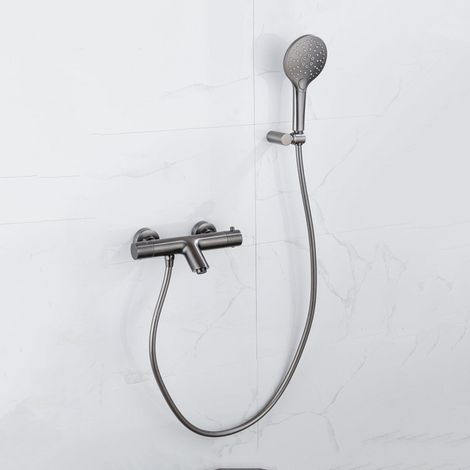 FugaFlow Eccelente Sobrado Robinet de baignoire thermostatique avec douchette ronde, support et flexible lisse Gunmetal PVD (1/4)