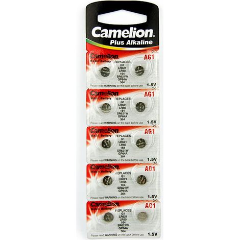 10 Camelion AG1 / LR60 / 164/364 / LR621 Pile Bouton, Longue durée de Conservation (Date d'expiration marqué)