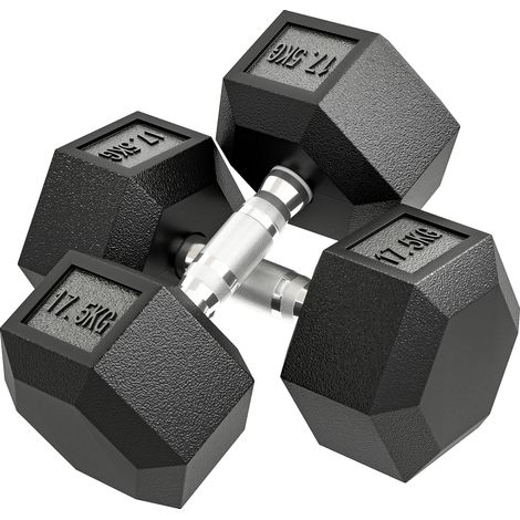 HOMCOM juego de mancuernas hexagonales, 2 x 17,5 kg, de hierro fundido, recubiertas de goma con barras de conexión para casa, gimnasio, negro