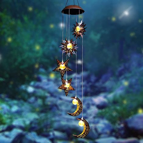 Carillon solaire avec soleil, lune et étoile, lanternes LED étanches pour décoration extérieure, lampes solaires suspendues pour jardin, cadeaux décoratifs