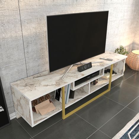 Decorotika Asal 150 cm Wide Modern Meuble TV Industrial Metal Meuble TV Open Shelf Lowboard Up To 63 TVs - Ephesus And Doré(e) (1/5)