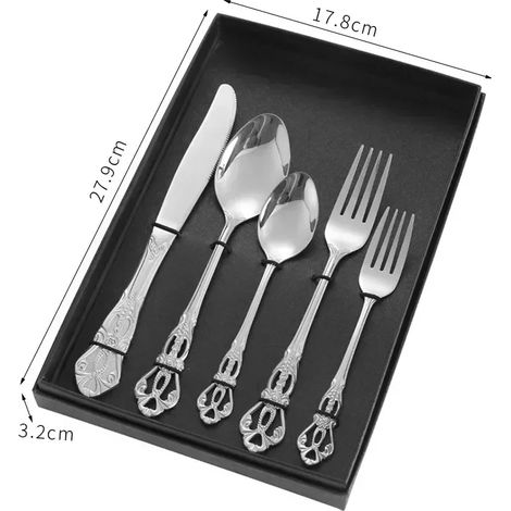 (Argent, 5 pièces) Ensemble de couverts en acier inoxydable, cuillères et fourchettes de style royal européen, design vintage, compatible lave-vaisselle. (1/2)