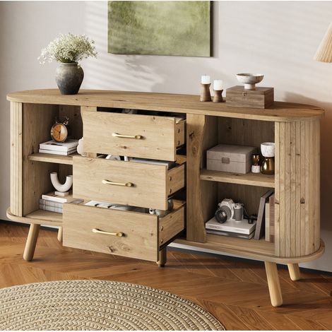 Buffet de cuisine 150x36,5x75 cm, meuble de rangement 2 portes coulissantes et 3 tiroirs, MDF grain de bois clair (1/5)