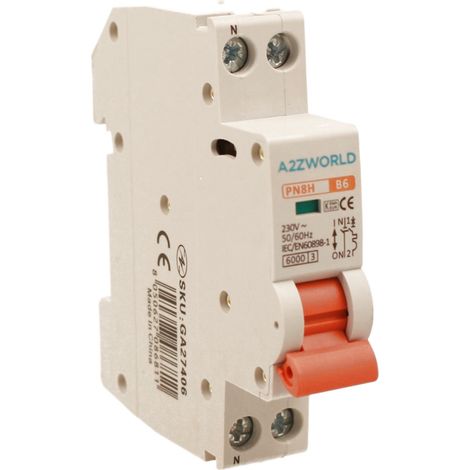 MCB Interruttore Magnetotermico Automatico Curva B 1P+N 1M 6000A AC 230V IP20 PN8H, Corrente Disponibili 6A 10A 16A 20A 25A 32A (B6A)