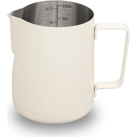 Pichet à mousse de lait en acier inoxydable de 350 ml – Pichet à vapeur pour cappuccino, latte art, machine à café, tasse à mousseur à lait, tasse à café, blanc crème
