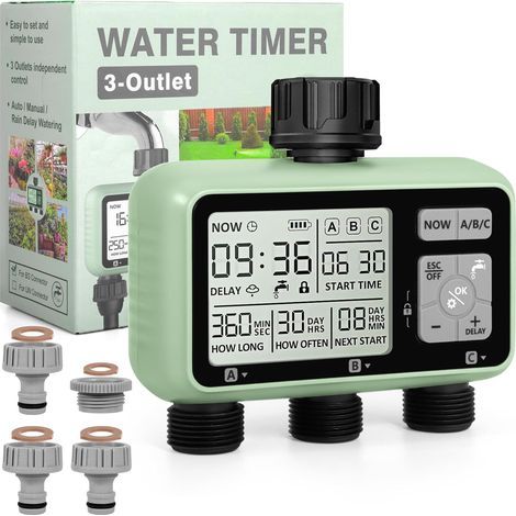 Drei-Wege-Bewässerungstimer, LCD-Bildschirm, IPX5 wasserdicht, Regenverzögerungsmodus, für Garten und Rasen (1/5)