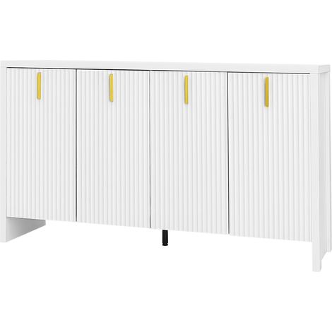 Aparador blanco de 4 puertas 140 x 38 x 80 cm con asas doradas y estantes regulables (1/5)