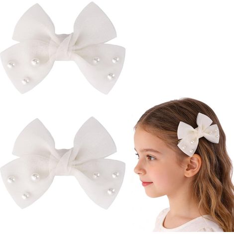 2 - Noeud En Tulle - Pince Crocodile - Accessoire Cheveux Avec Perles Pour Bébé Et Baptême Blanc 8cm (1/5)