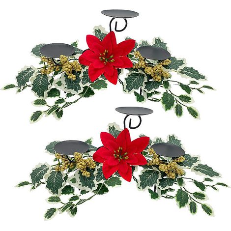 (Bougeoir de Noël avec feuilles et fleurs, style C, A10085) Lot de 2 bougeoirs de Noël artificiels, décorations de Noël et de Nouvel An, décorations de bureau, ornements de Noël en forme de fleurs et (1/2)