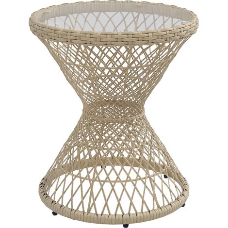 Table basse/table d'appoint, style bohème, plateau en verre, rotin PE, 45 cm x 45 cm x 52 cm, naturel