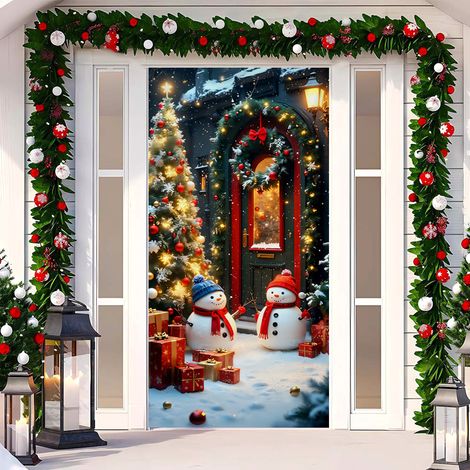 Rideau de porte de Noël 2026, bannière extérieure avec fond photo Père Noël et chien, tissu à suspendre - 90 x 180 cm (œillets + ruban) - 41