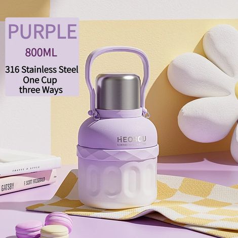 (Violet, 800 ml) Bouteille isotherme en acier inoxydable avec poignée de transport, adaptée à une utilisation en extérieur. (1/5)
