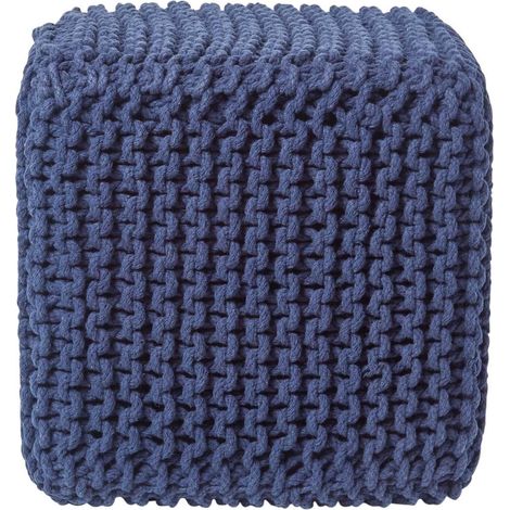 HOMESCAPES Navy Blue Cube Cotton Knitted Pouffe Footstool (1/5)