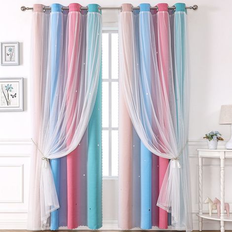 Rideau Occultant Double Couche - Perforé Étoiles - Œillets Métalliques - 130 x 100 cm - Polyester - Pour Chambre Enfants ou Salon - 2 Pièces (1/5)